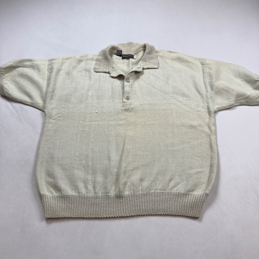 Tony Lambert Mens LG Ramie‎ Cotton Knit Short Sleeve Polo Sweater Beige Lt Green